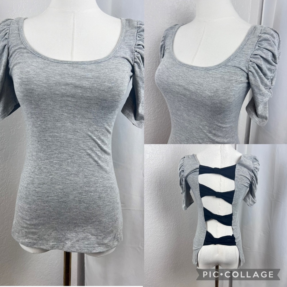 Vintage Y2K Wet Seal Top Womens Medium Gray Puff Sleeve Open Back Bow Coquette